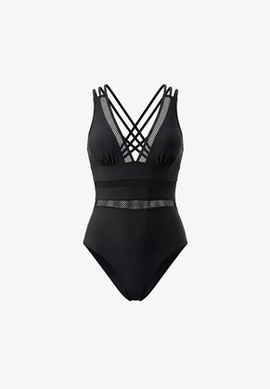 Schwarzer Einteiler mit überkreuzten Trägern, Netz-Einsätzen an Brust und Taille und tiefem V-Ausschnitt.