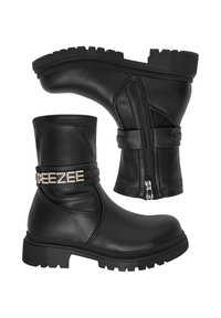 Juodi kulkšnies aulinukai iš lygaus odos, su šoniniu užtrauktuku, guminiu padu ir dekoratyvine juostele su cirkoniais.