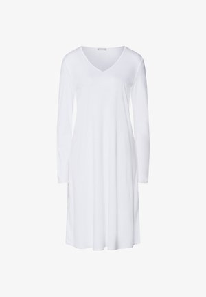 White long-sleeve knee-length dress with a V-neckline and relaxed fit, displayed on a plain white background.