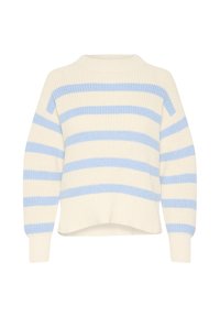 Pull en maille rayé de couleur crème et bleu clair, avec un col rond, des épaules tombantes et un ourlet côtelé, offrant une silhouette courte.