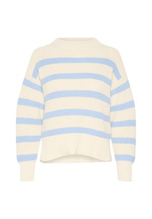 Pull en maille rayé de couleur crème et bleu clair, avec un col rond, des épaules tombantes et un ourlet côtelé, offrant une silhouette courte.
