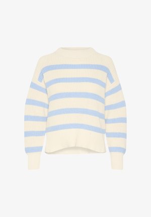 Dryžuotas megztinis kreminės ir šviesiai mėlynos spalvų, su apvaliu kaklu, nuleistais pečiais ir siaura apdaila, su trumpa siluetu.