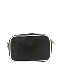 Sac rectangulaire noir en tissu texturé, avec une fermeture éclair blanche et des bordures blanches, offrant une finition lisse et un design minimaliste.