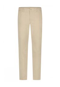 Lichtbeige katoenbroek met een slim fit. Voorzien van een frontale knoopsluiting, riemlussen en naadloze zijzakken. Gladde textuur.