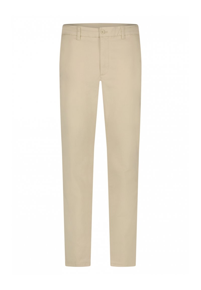 Lichtbeige katoenbroek met een slim fit. Voorzien van een frontale knoopsluiting, riemlussen en naadloze zijzakken. Gladde textuur.