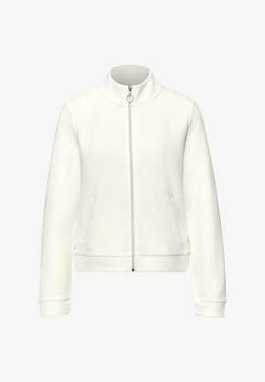 Biała teksturowana kurtka na zamek błyskawiczny z wysokim kołnierzem, długimi rękawami, przednimi kieszeniami oraz okrągłym suwakiem.