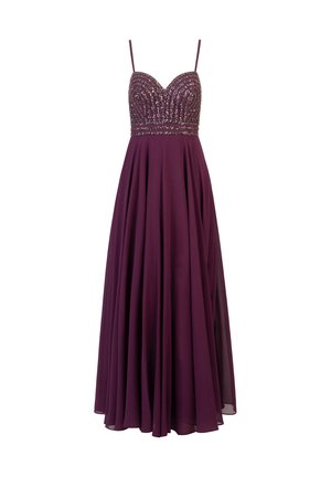 Lang, mouwloos jurkje in diep paars met een aansluitende lijfje, versierd met ingewikkelde beadwork, en een vloeiende rok van lichtgewicht stof.