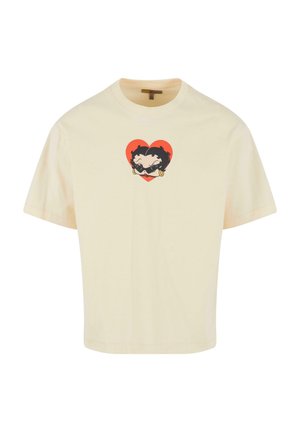 Crème katoenen t-shirt met een ontspannen pasvorm. In het midden staat een grafisch ontwerp van twee gezichten in de vorm van een hart, met zwarte omtrek en felle kleuren.