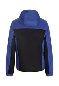 Giacca a vento blu e nera con cappuccio, maniche lunghe e texture liscia, con pannelli di colore contrastante sul retro.