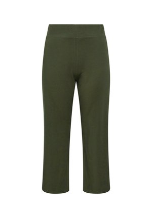 Olivgrüne, verkürzte Hose aus weichem Stoff mit einem elastischen Bund und glatter Textur sowie einem geraden Bein-Design.
