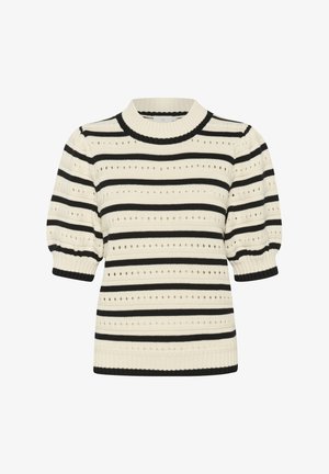 Strikket sweater med creme og sorte vandrette striber, korte puffærmer, ribbestrikket halsudskæring og hullet mønster hele vejen igennem.