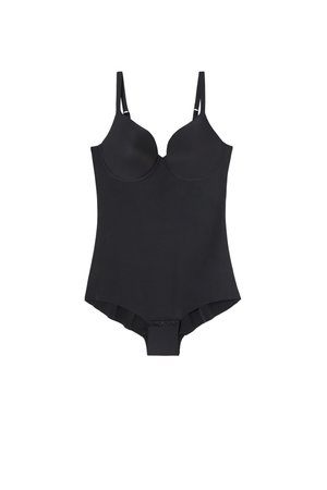 Sort bodystocking med formstøbte skåle, tynde justerbare stropper, glat tekstur og tryklås i bunden; sømløst design for komfort.