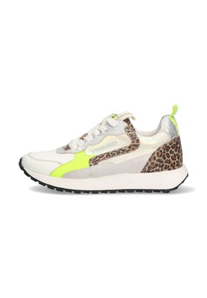 Sneakers with a white leather upper, neon yellow accents, silver and cheetah print details, and a black rubber sole.