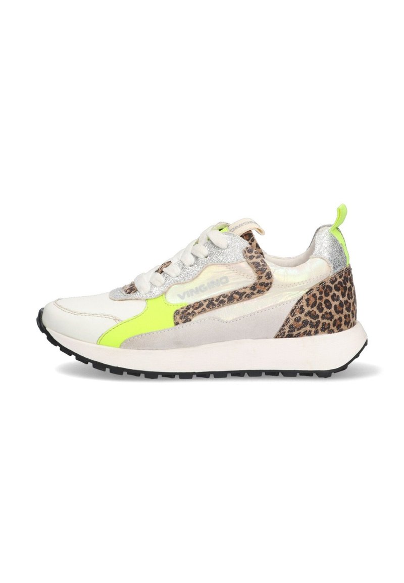 Sneakers with a white leather upper, neon yellow accents, silver and cheetah print details, and a black rubber sole.