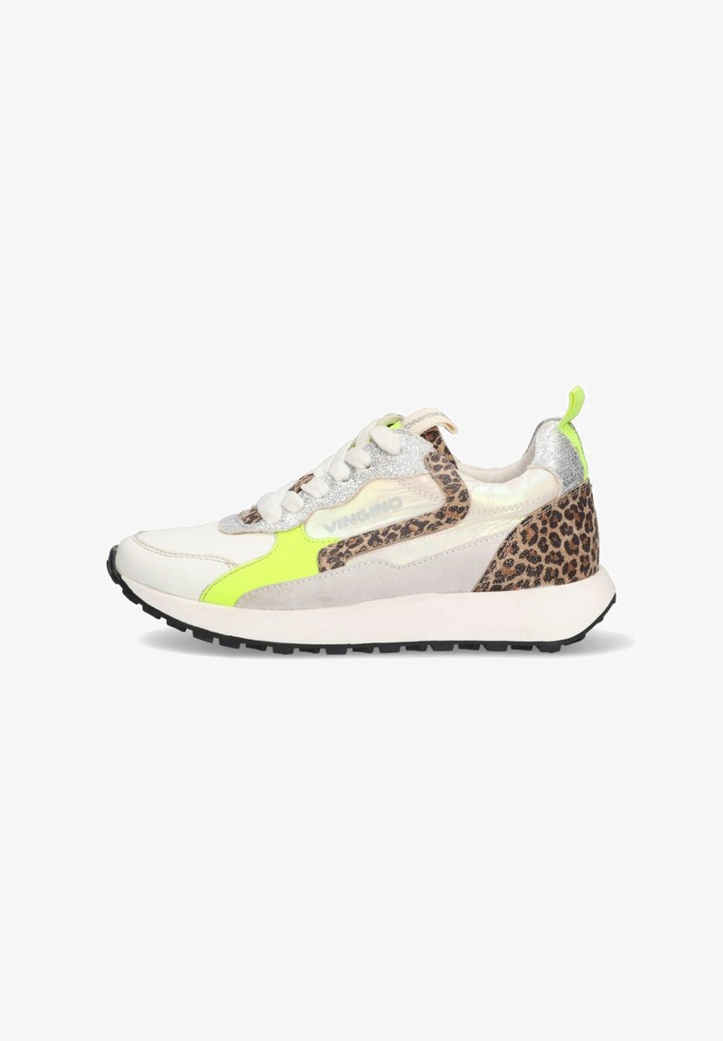 Sneakers with a white leather upper, neon yellow accents, silver and cheetah print details, and a black rubber sole.