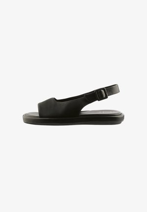 Black open-toe slingback sandal with cushioned sole and adjustable buckle strap, designed for comfort and casual wear.
