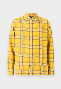 Gelbes kariertes Hemd mit blauen und braunen Streifen, langen Ärmeln, Button-Down-Kragen, zwei Brusttaschen und einer lockeren Passform. Baumwollmaterial.