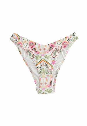 Costum de baie inferior cu imprimeu floral, având o bază albă cu modele colorate în roz, verde și portocaliu. Croială clasică de tip brief, cu talie elastică.