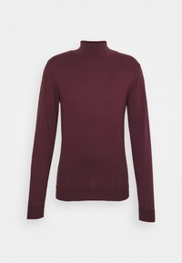 Pull col roulé bordeaux à manches longues, coupe ajustée, texture douce, avec poignets et ourlet côtelés. Aucun motif ni ornement visible.