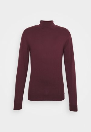 Pull col roulé bordeaux à manches longues, coupe ajustée, texture douce, avec poignets et ourlet côtelés. Aucun motif ni ornement visible.