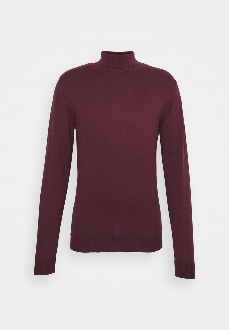 Pull col roulé bordeaux à manches longues, coupe ajustée, texture douce, avec poignets et ourlet côtelés. Aucun motif ni ornement visible.