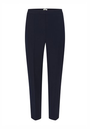 Sötétkék, szabott nadrág sima anyagból. Lapostermés, rugalmas derékpánt és szűkített lábmegoldás jellemzi. Klasszikus és sokoldalú darab.