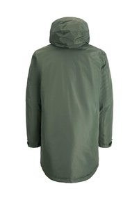 Giacca impermeabile verde oliva con cappuccio, di lunghezza lunga e polsini elasticizzati. Tessuto liscio e dettagli minimi sul retro.