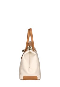 Borsa bianca con texture e dettagli in pelle marrone, doppio manico superiore e chiusura con zip sicura. Base piatta per stabilità.