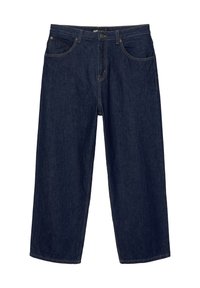 Mørkeblå denim jeans med vid benvidde, der har fem lommer, en frontknaplukning og synlige syninger.