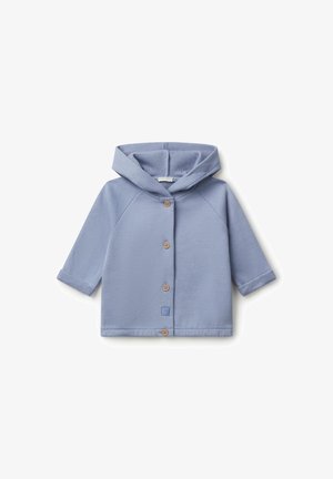 Chaqueta de bebé azul claro suave con mangas largas, capucha y cuatro botones de madera en la parte delantera, exhibida sobre un fondo blanco.