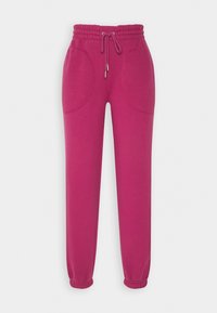 Fuchsia joggers van zachte stof, met een elastische tailleband met trekkoord en twee zijzakken. Boorden bij de enkels.