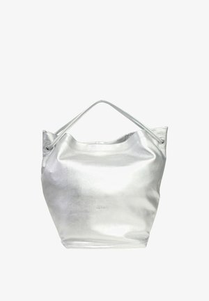 Borsa tote in pelle argento con doppi manici e logo leggermente in rilievo sul davanti, su sfondo bianco.