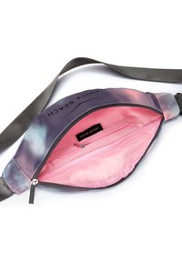 Fanny pack with a gradient purple and pink design, featuring a zippered closure and pink interior lining, includes a small zippered pocket.