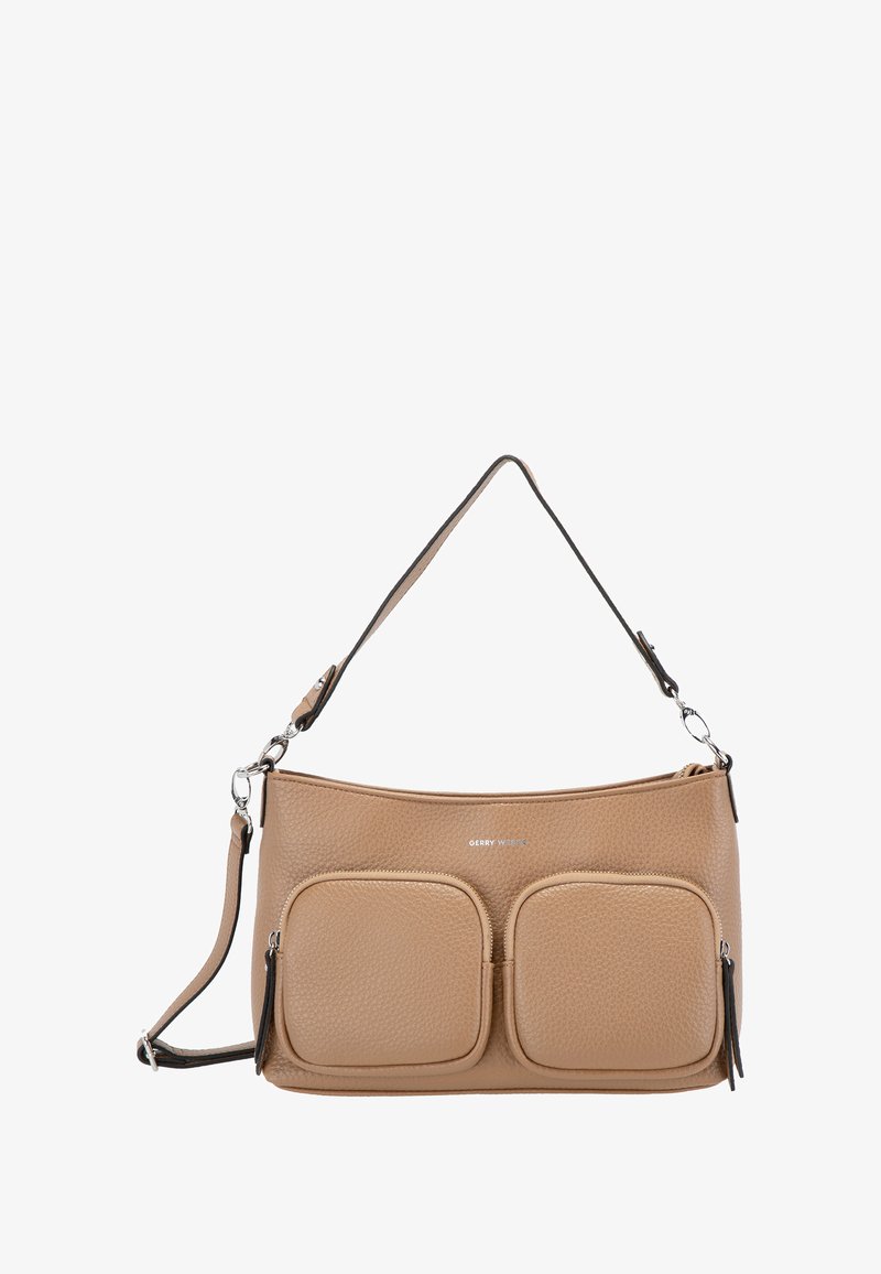 Beige tekstureret læderhåndtaske med to frontlommer med lynlås, et kort håndtag og en aftagelig skulderrem.