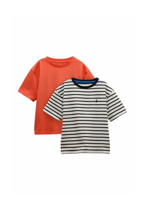 Two short-sleeve t-shirts, one solid orange and one white with black horizontal stripes and a small black logo on the chest.
