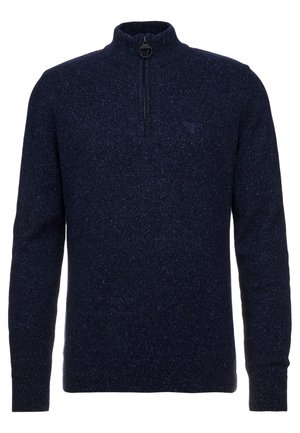 Navy blue pullover sweater with a zippered mock neck. Made from textured knit fabric featuring subtle speckles throughout.