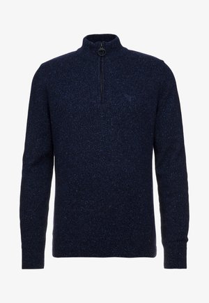 Navy blue pullover sweater with a zippered mock neck. Made from textured knit fabric featuring subtle speckles throughout.