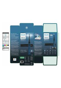 Confezione di spazzolino elettrico con design blu e verde, immagini del prodotto e testo che include "Denti più bianchi in soli 3 giorni!" e codice a barre.