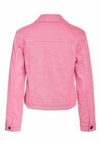 Růžová džínová bunda, pohled zezadu, s špičatým límcem, dlouhými rukávy s knoflíkovými manžetami a jednoduchým designem.