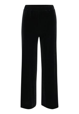 Pantaloni larghi in velluto nero con cintura elastica, caratterizzati da una texture liscia e un design dritto e pulito.