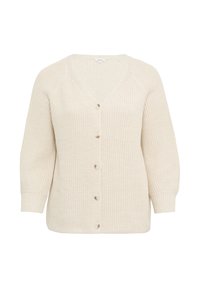 Hellebeige Strickjacke mit V-Ausschnitt, Knopfverschluss und 3/4-langen Raglanärmeln. Strukturiertes Gewebe mit lockerer Passform.