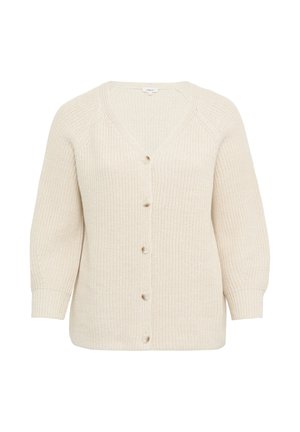 Light beige knitted cardigan with a v-neck, button closure, and 3/4 length raglan sleeves. Textured fabric with a loose fit.