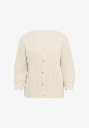 Hellebeige Strickjacke mit V-Ausschnitt, Knopfverschluss und 3/4-langen Raglanärmeln. Strukturiertes Gewebe mit lockerer Passform.