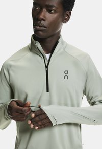 Hellgrüner sportlicher Halb-Zip-Pullover mit schwarzem Reißverschluss, Daumenlöchern in den Ärmeln und kleinem Logo auf der Brust. Glatte Textur.