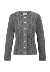 Grau gestrickte Strickjacke mit einem strukturierten Design, das Kabelmuster entlang der Mitte aufweist. Sie hat einen runden Halsausschnitt und fünf runde Knöpfe.