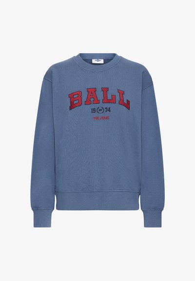 Sweat-shirt en coton bleu avec poignets et ourlet côtelés. Texte brodé en rouge "BALL 1974 THE JEANS" sur la poitrine. Design simple avec col rond.
