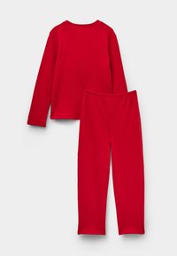 Red long-sleeve top and matching pants set, made of soft fabric. The outfit features a crew neck and elastic waistband for comfort.