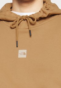 Gros plan d'une personne portant un sweat à capuche marron The North Face avec un cordon de serrage noué et un t-shirt blanc en dessous.