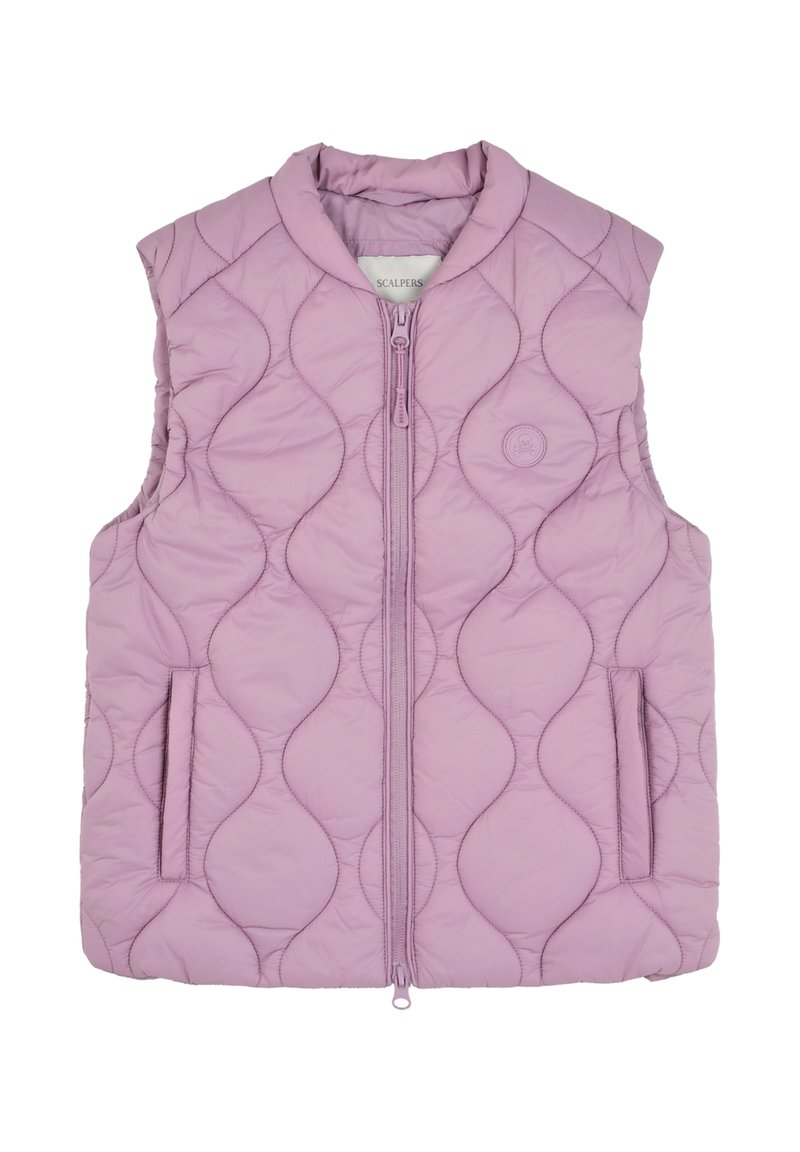 Lichtpaarse gewatteerde vest met een rits aan de voorkant, ronde kraag en zijzakken. Bevat golvende patronen op de stof en een logodetail.
