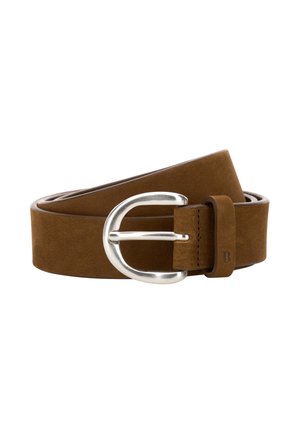 Ceinture en cuir marron avec une texture lisse, dotée d'une boucle en métal argenté de forme arrondie, conçue avec un matériel minimal et sans ornementation.